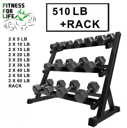 510 lb HEX Dumbbells Set + Rack
