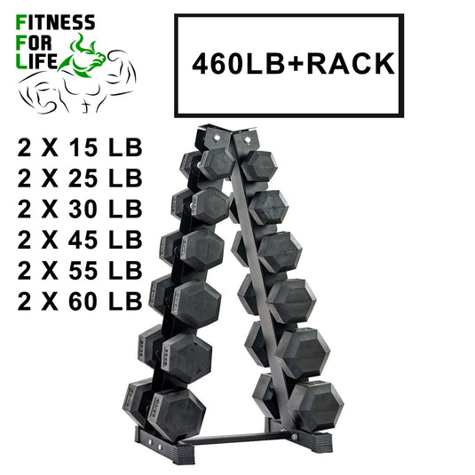 460 lb HEX Dumbbells set + Rack