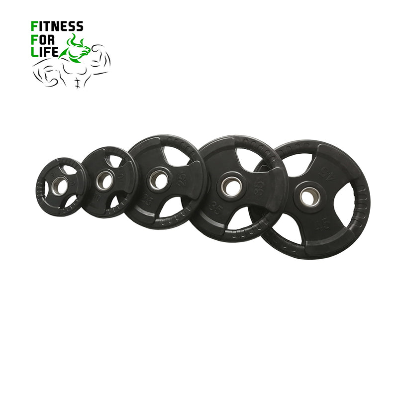 Load image into Gallery viewer, 340 lb Tri Grip Weight Plates Set + Bar + Rack
